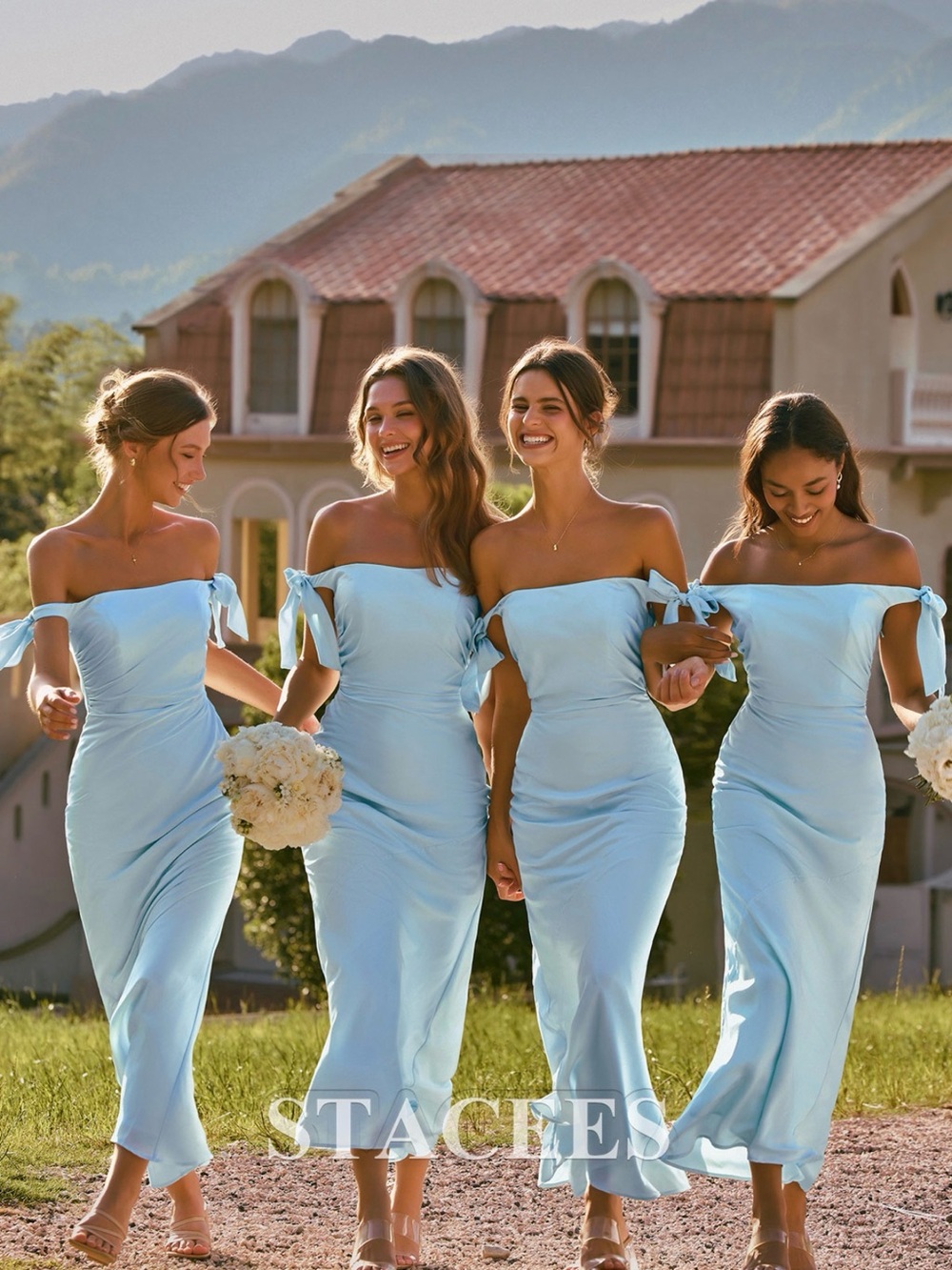 Strapless Light Blue Bridesmaid Midi Dress with Tie-Sleeve Detail